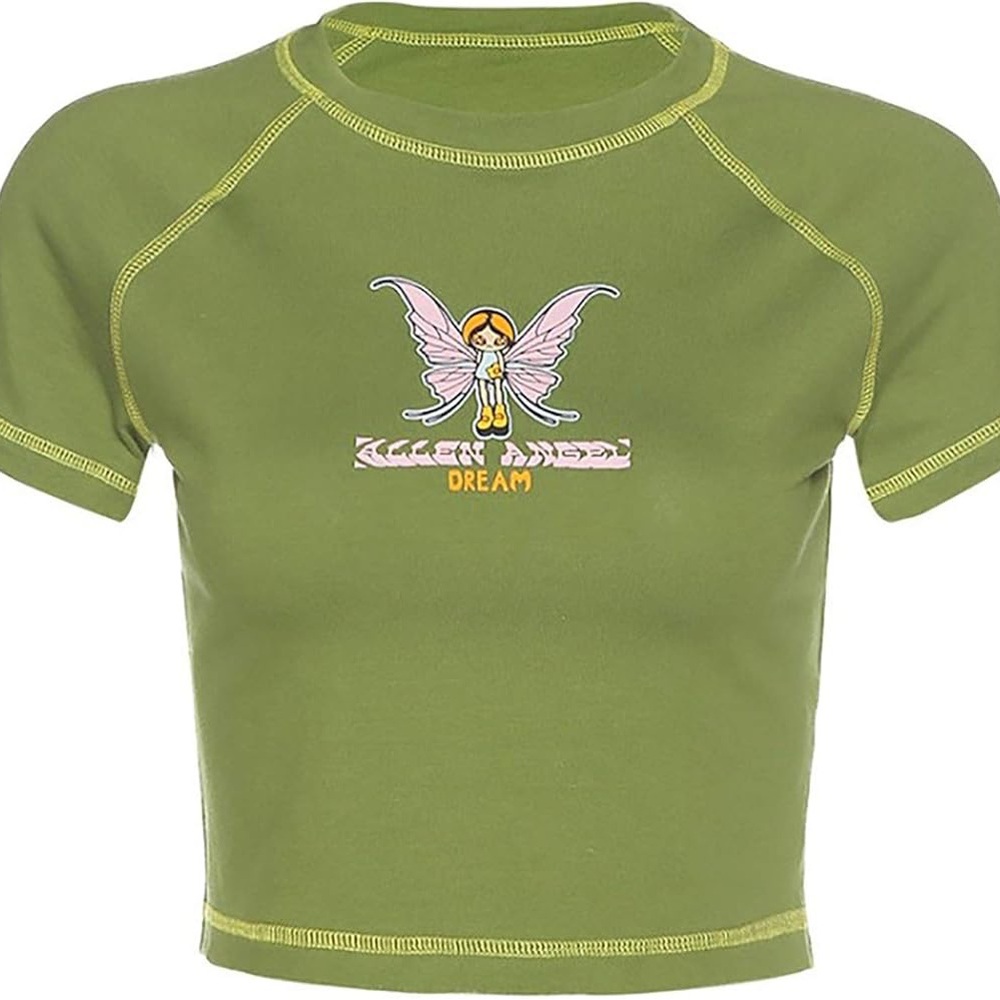 Green short sleeve Y2K crop top